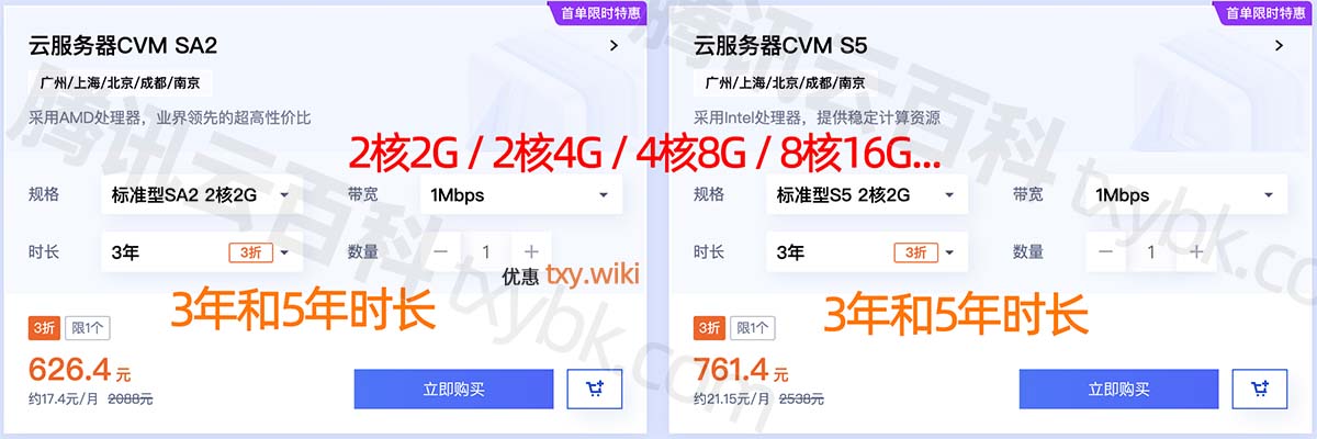 腾讯云服务器3年和5年价格表